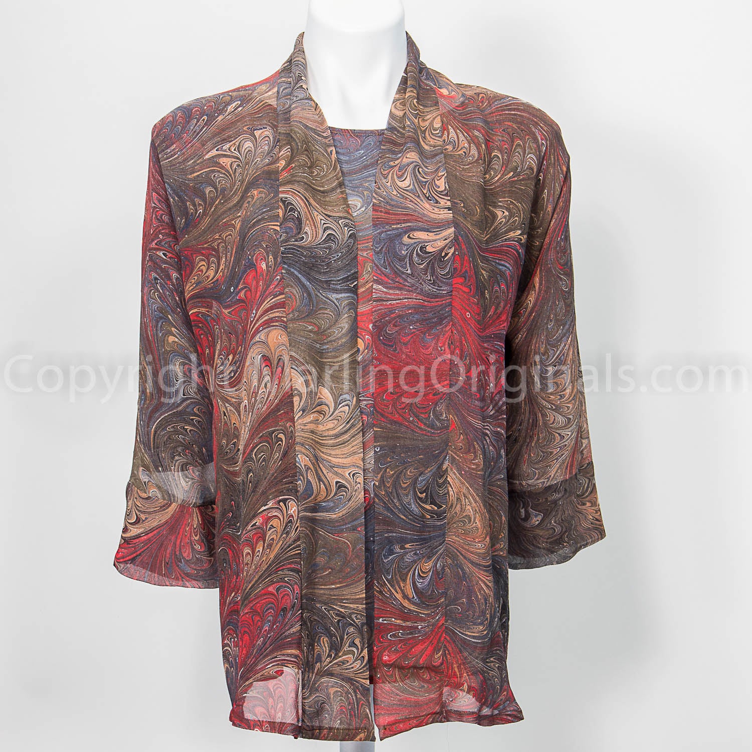 marbled silk top with matching sheer kimono jacket in tones of brown, charcoal and red.