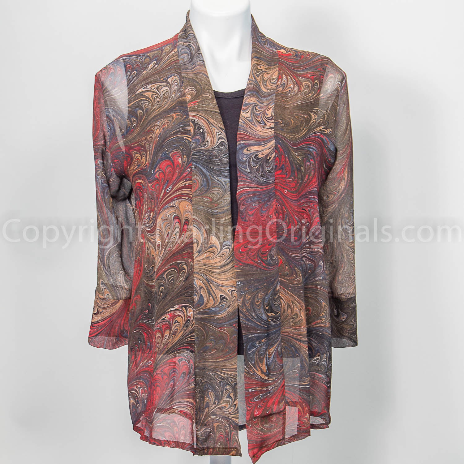 marbled silk chiffon jacket in deep brown, charcoals and red.  Kimono style with 3/4 length sleeves
