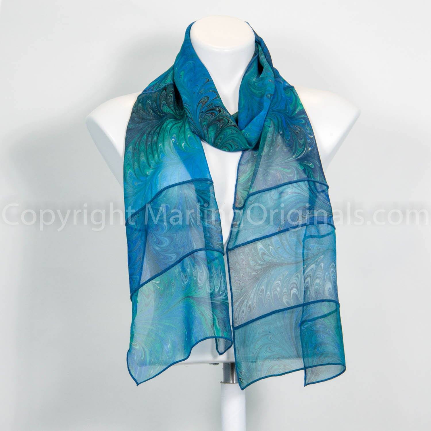 marbled sheer green scarf with emeralds, green, teal.  Sheer silk scarf with interesting piecing.