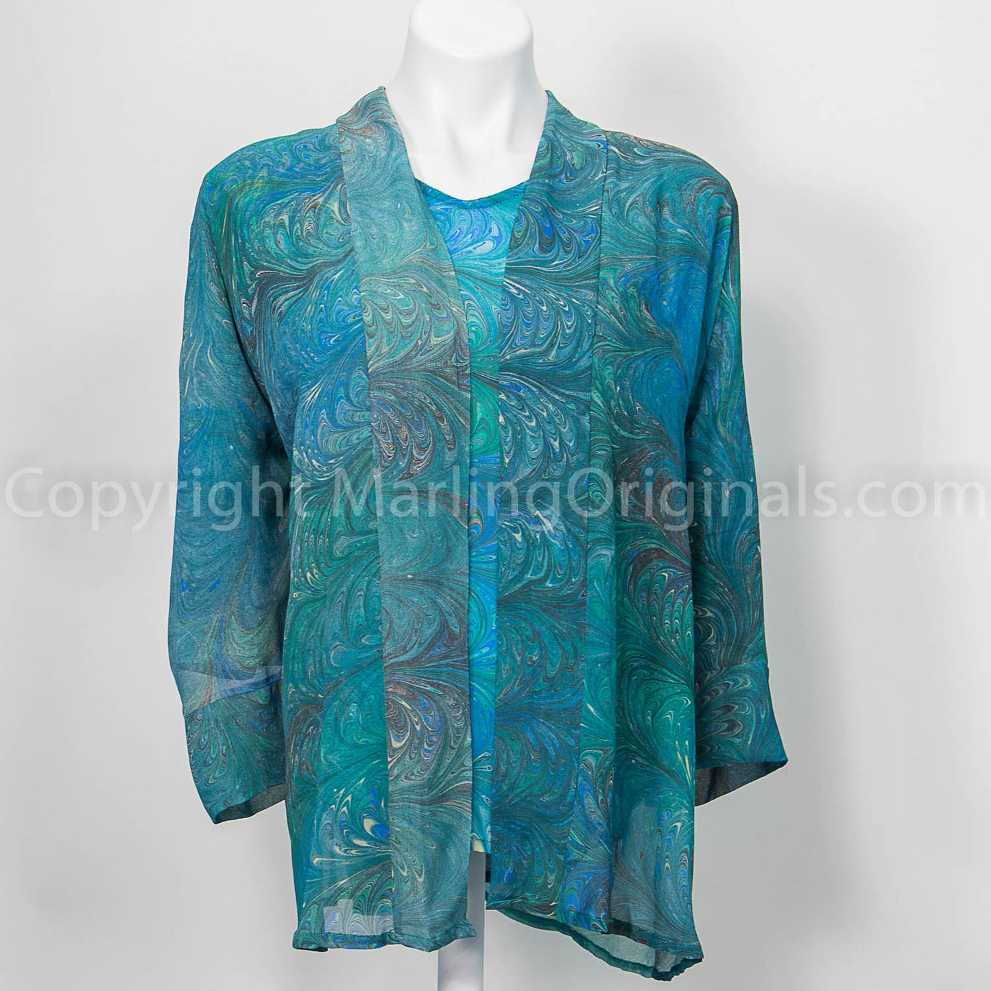 marbled silk jacket in medium emerald with gray and soft white marbling shown with matching silk top