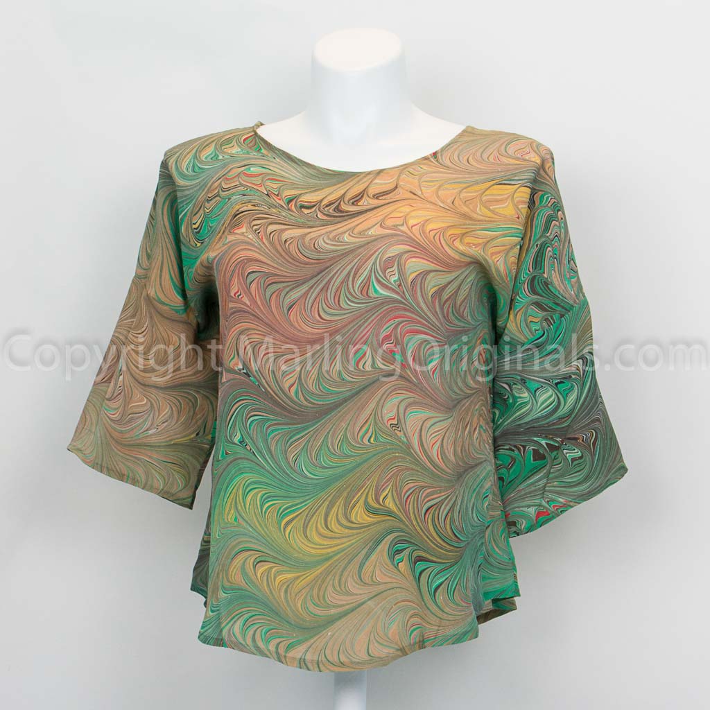 hand marbled silk top in greens, gold, brown