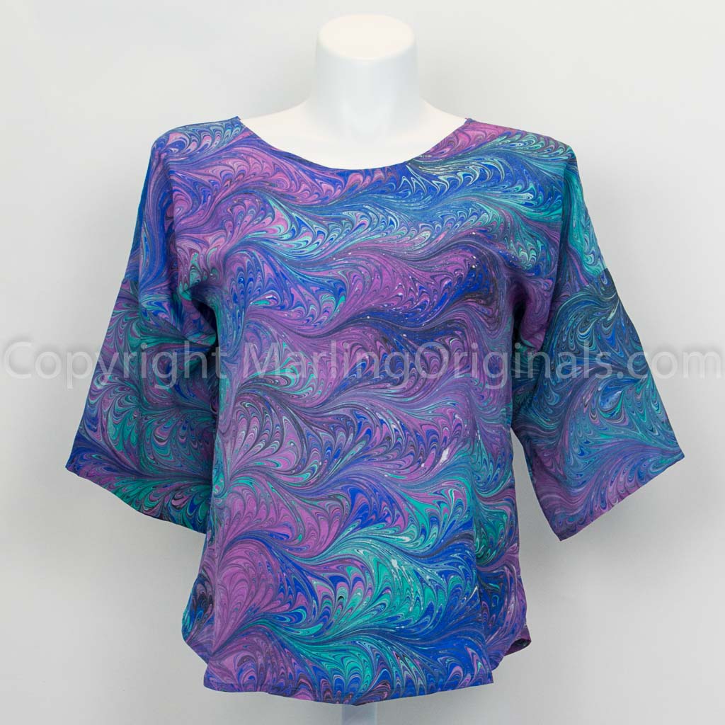 hand marbled silk top in deep blue, green, violet and black.