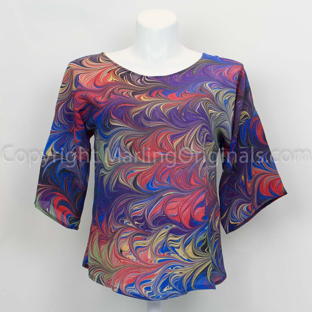 hand marbled silk top in blue, purple, red, black, gold.  