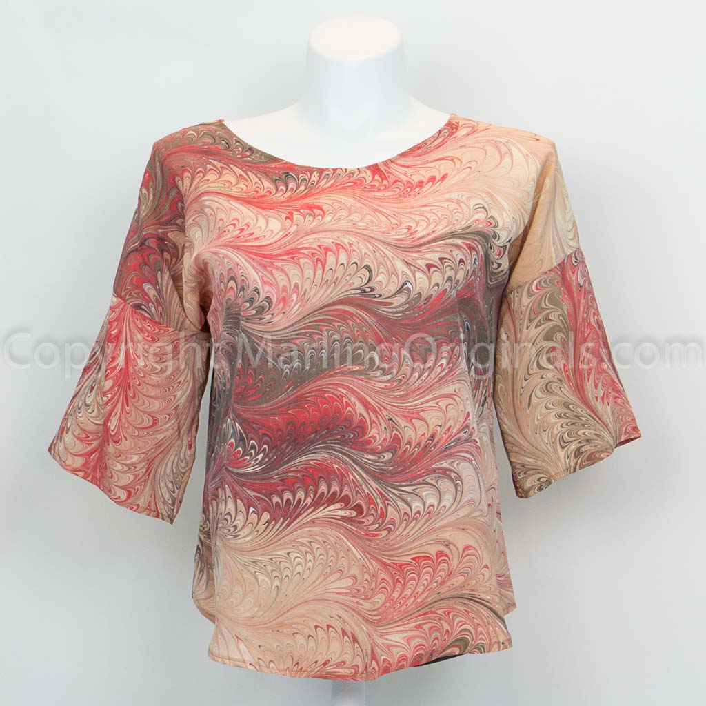 hand marbled silk top in salmon, red, brown, cream