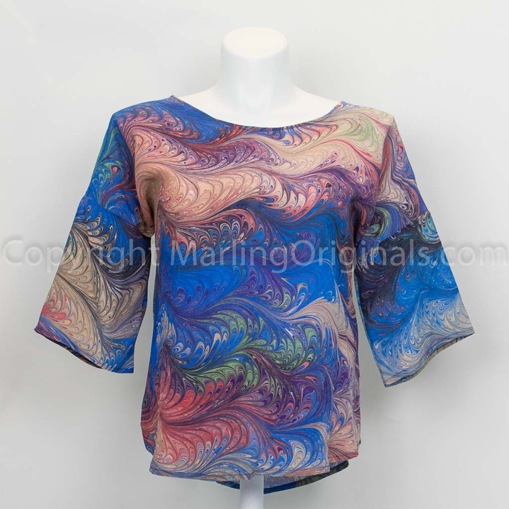 hand marbled silk top in brilliant blue with red, sienna, celery, black