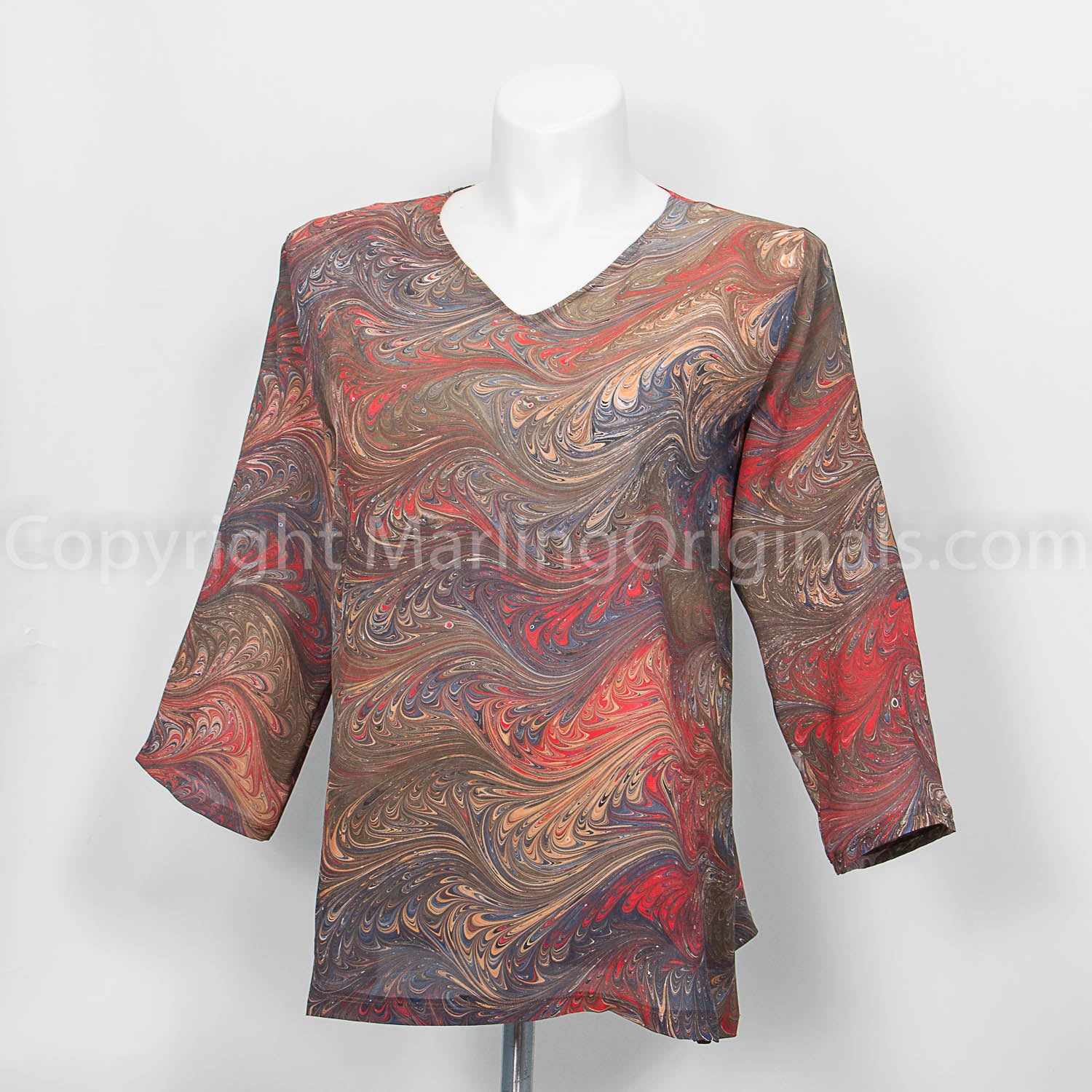 marbled silk v neck tunic in deep brown with red and sienna and charcoal