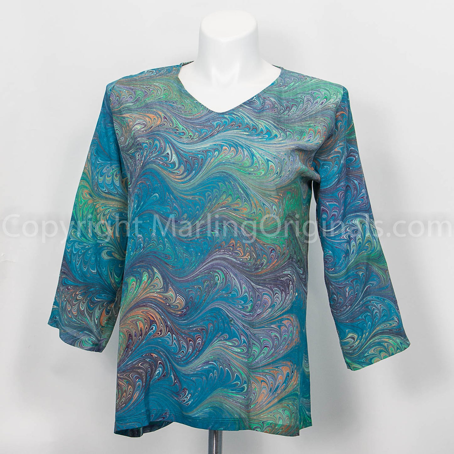 fall green tones hand marbled.  Silk crepe tunic with notched neck, 3/4 sleeves, side slit