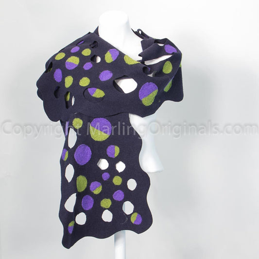 navy wool scarf with chartreuse and purple accents