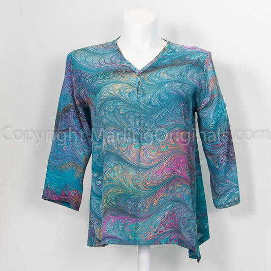 marbled silk crepe top in deep teal with v neck and 3/4 sleeves