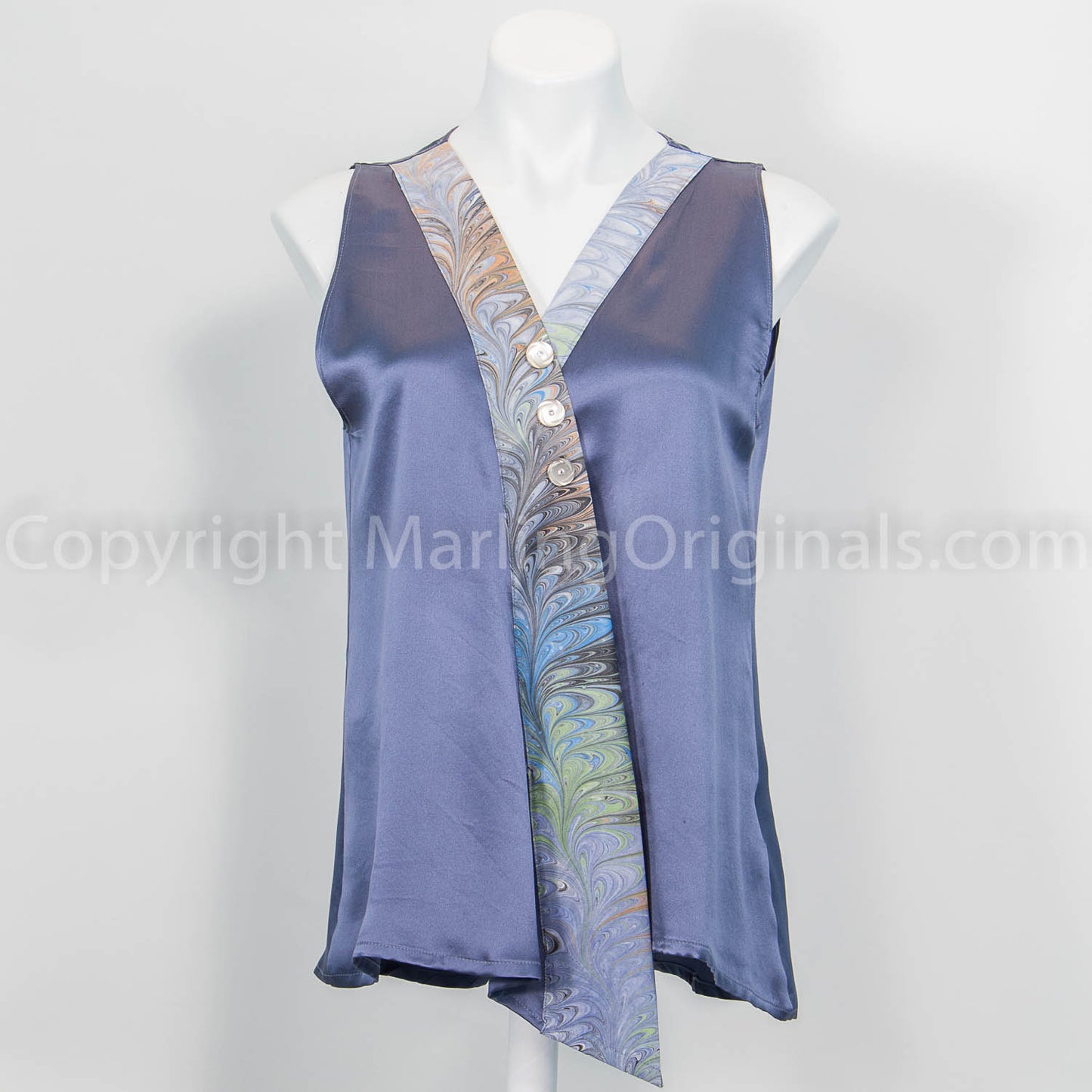 silk tank in deep gray with marbled accent down the front.  Faux wrap in the front.