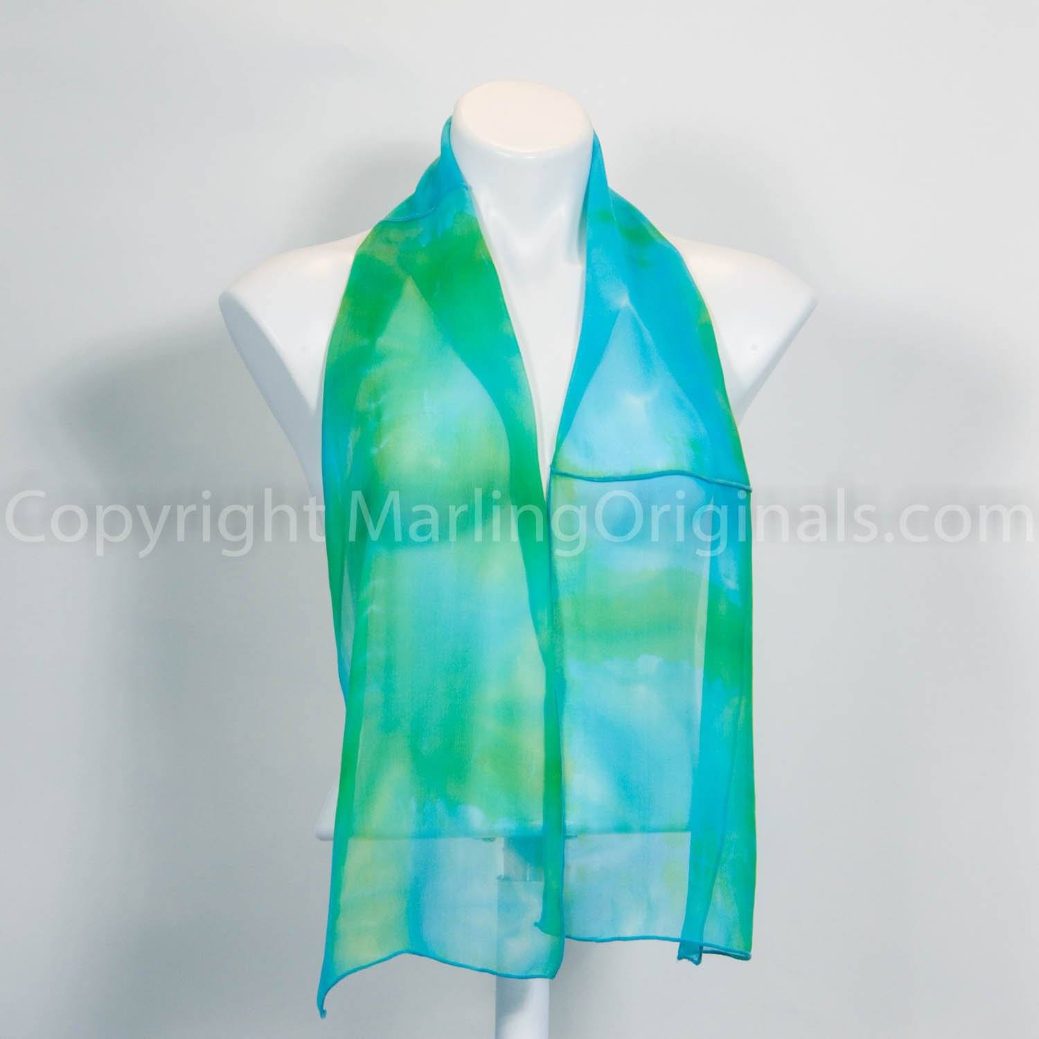 hand dyed sheer silk green scarf.  Lime green scarf with aqua and turquoise.  Pieced. 