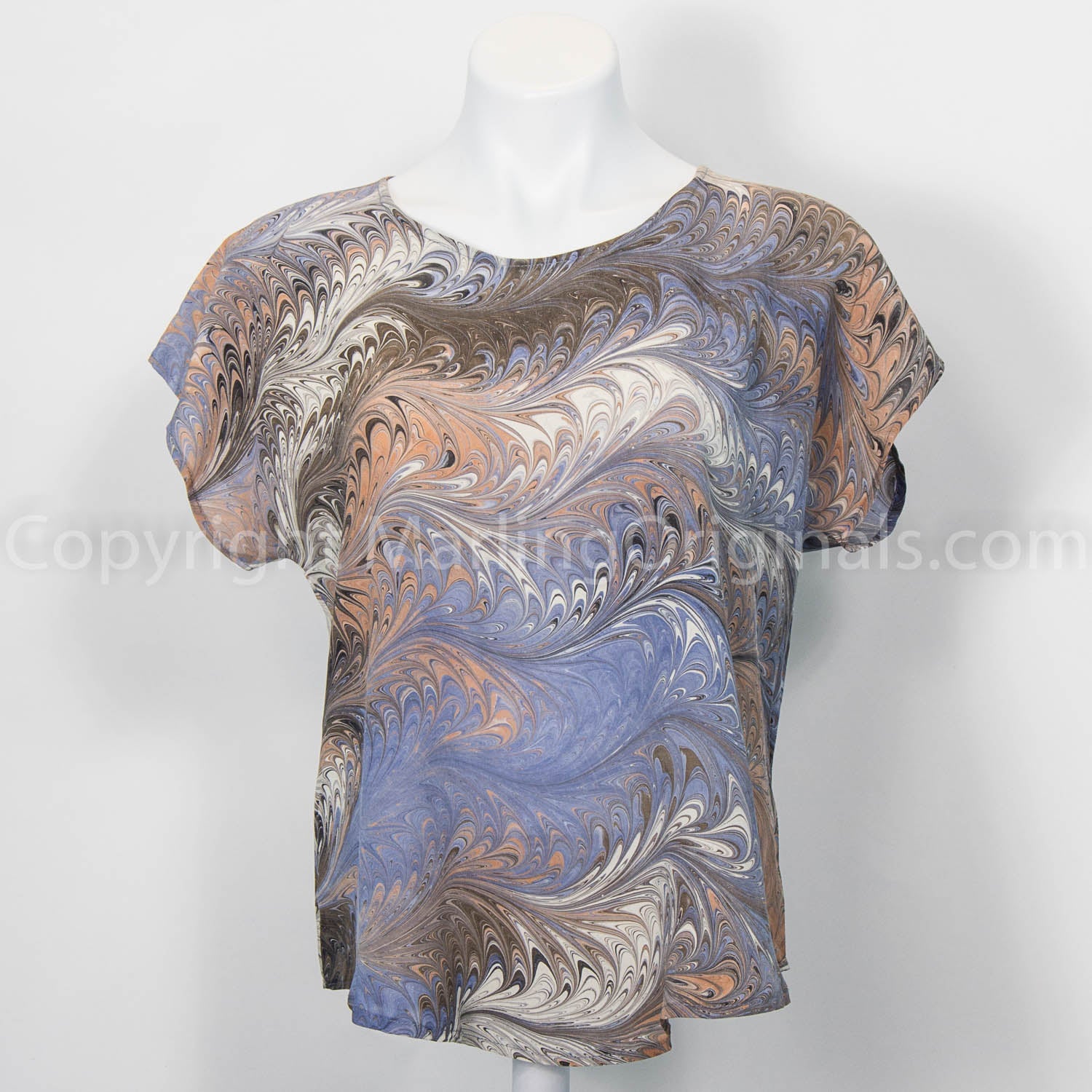 marbled silk crepe top in brown, blue gray, with black and cream