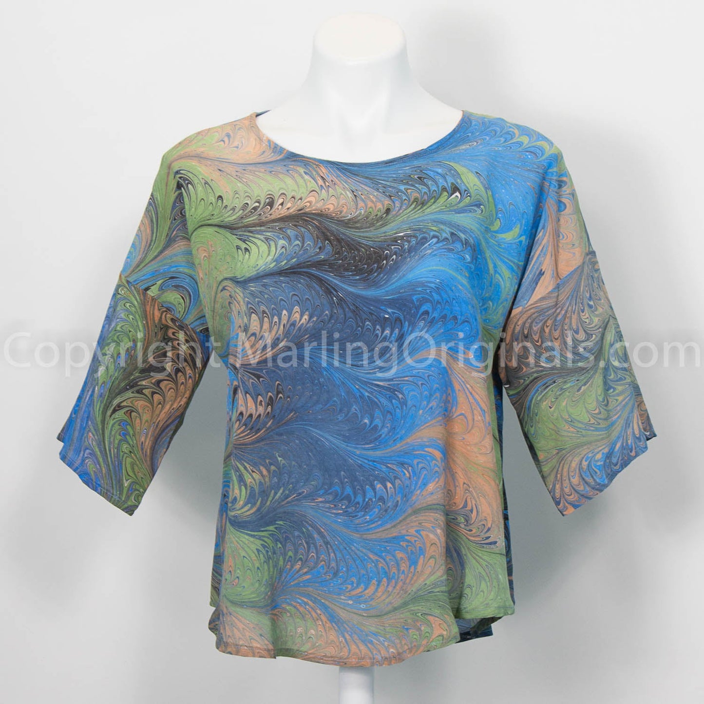 marbled silk top in blue, grey, sand and celery with half sleeves