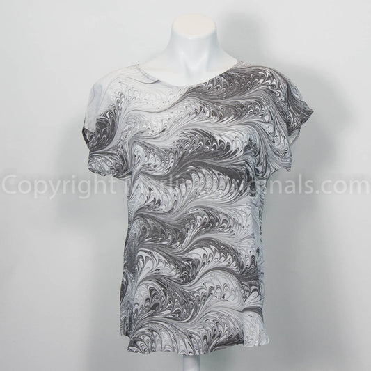 hand marbled silk top in charcoal with white and black.  Short sleeve, round neck, curved hem.
