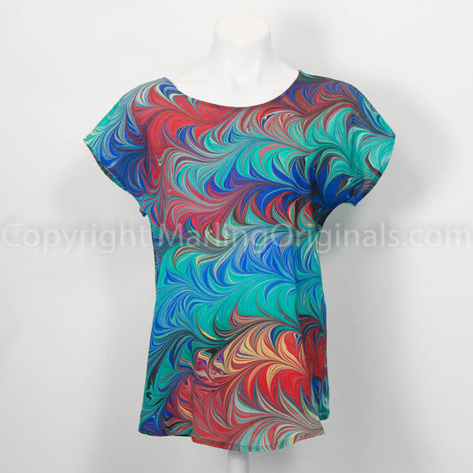 vibrant silk top marbled in dynamic pattern of blue, green, red, black and yellow.  One of a kind.