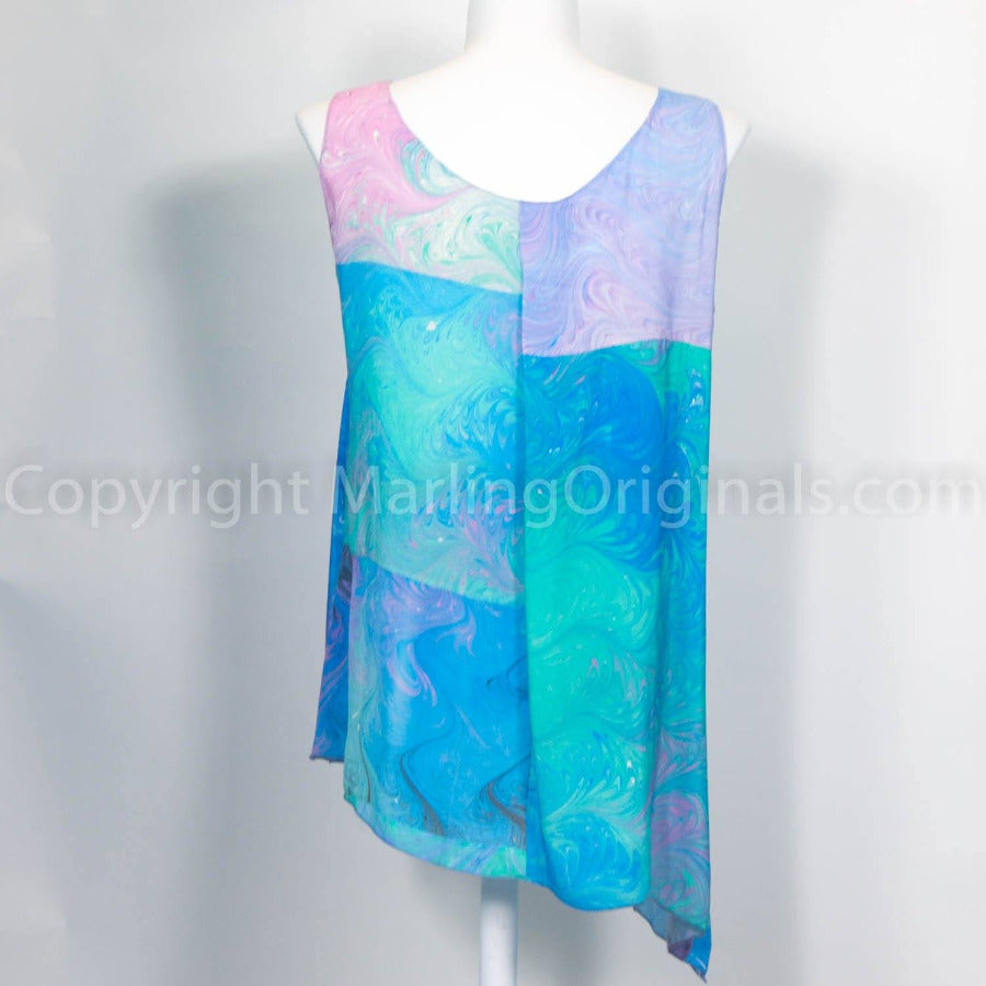 marbled silk tank top in green, pink, blue pastel tones.  Scoop neck, angled hemline, long length.