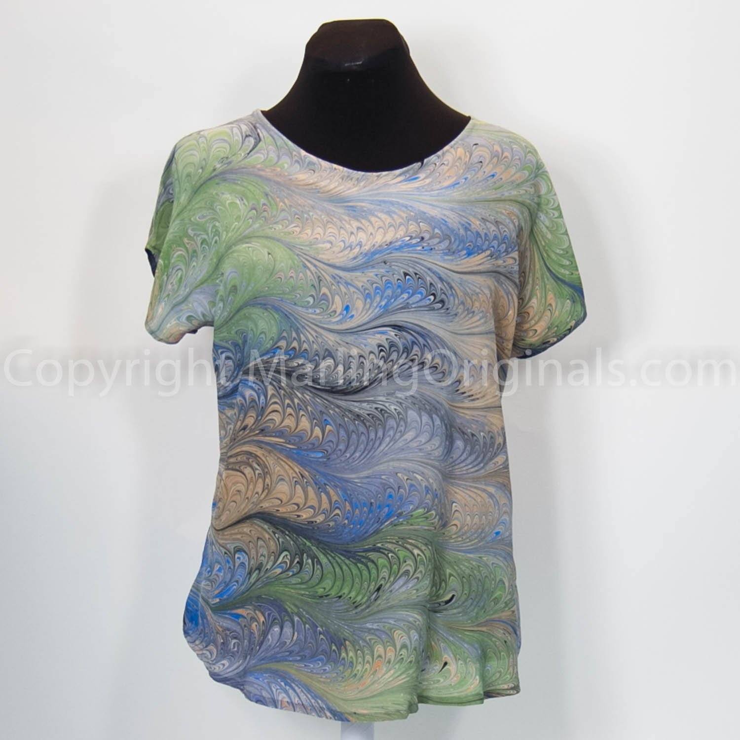hand marbled silk short sleeve blouse in grey, celery, blue and peach.  Short sleeve with round neck
