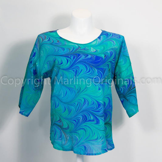 hand marbled comfortable silk top in rich emerald tones