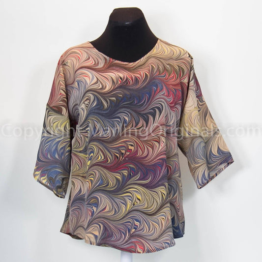 hand marbled brown silk top with brown, gray, tan, red and black.  Classic style half sleeve top