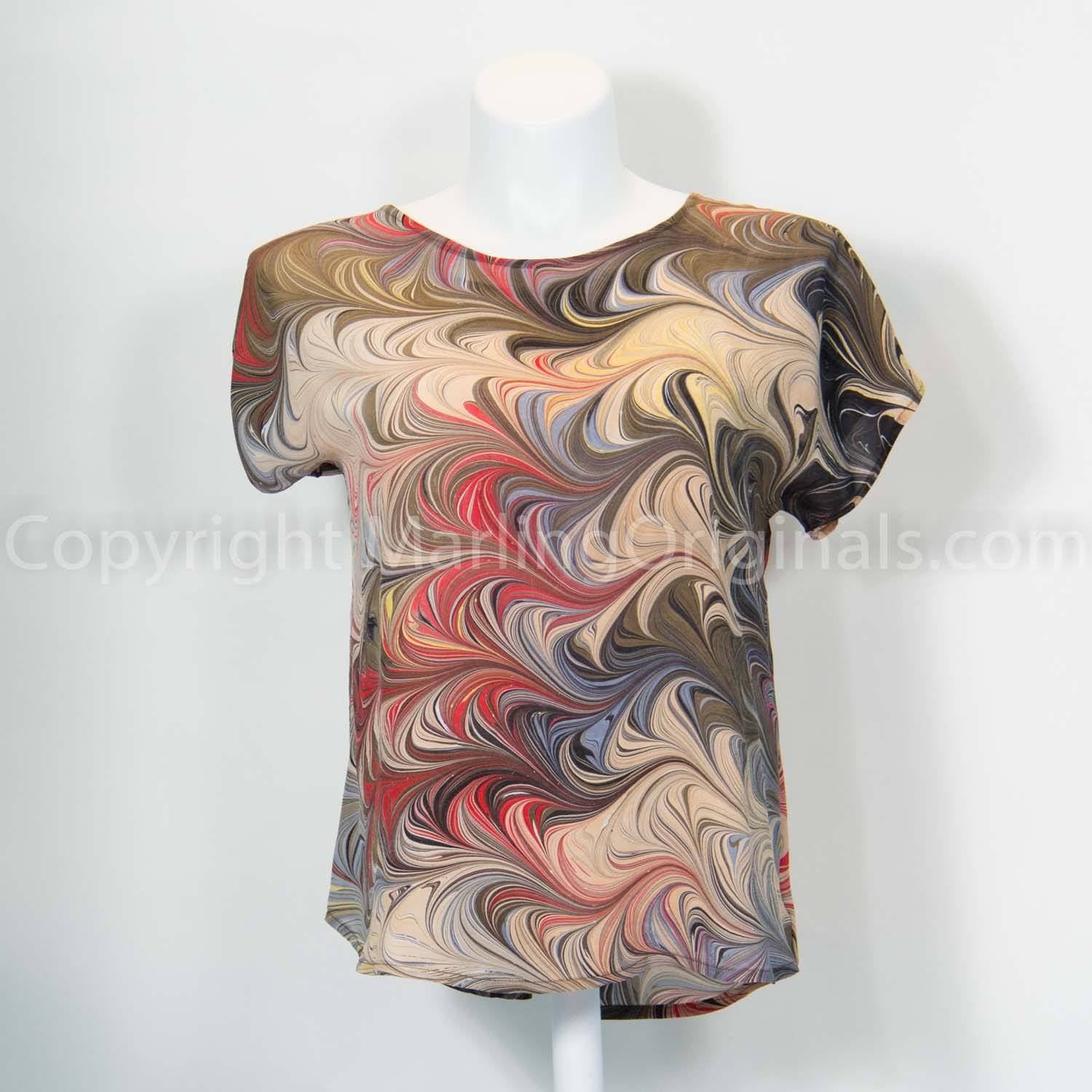hand marbled silk top in shades of brown with red and gold.  Short sleeves round neck