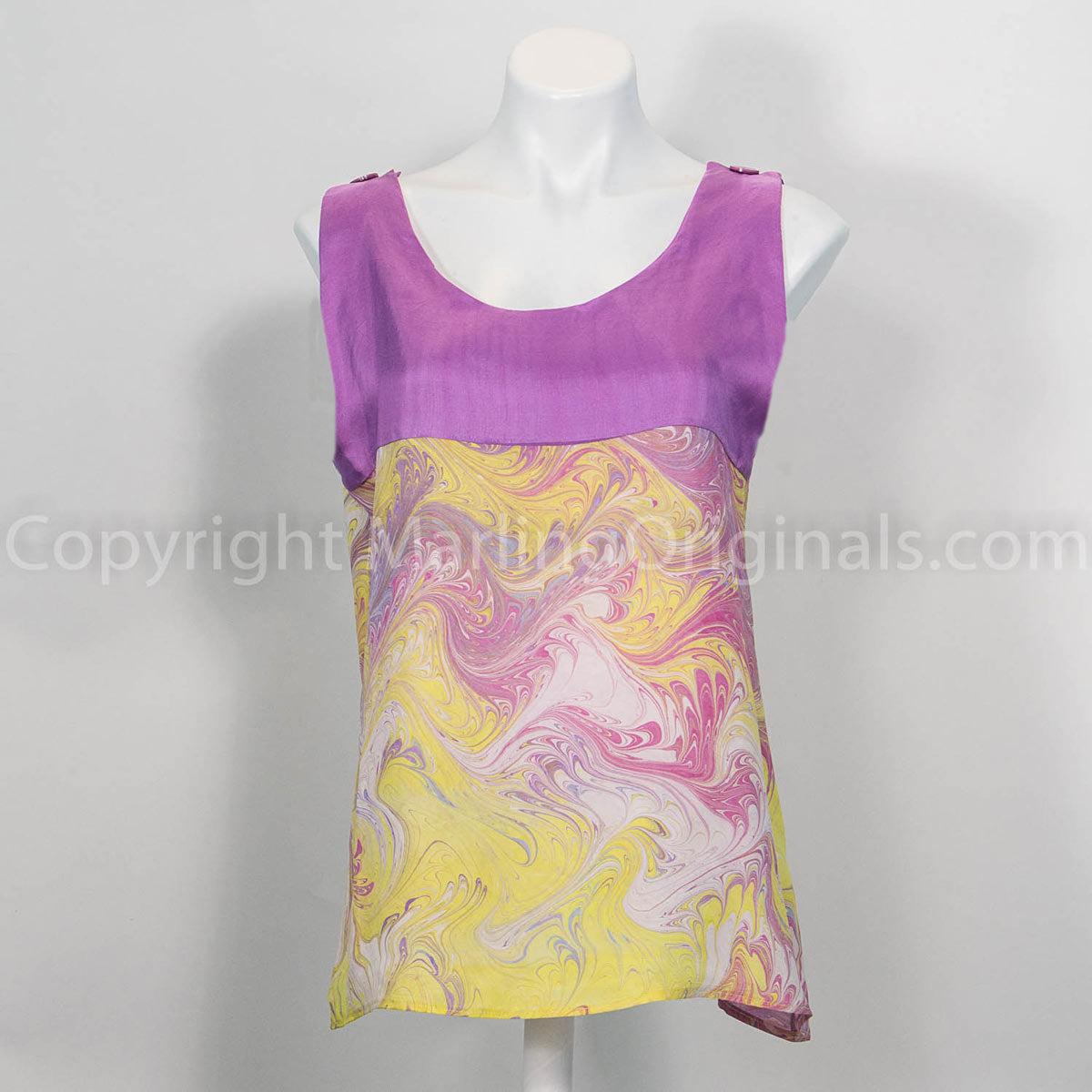 silk tank top features lavender bodice with vivid marbled body.  Yellow, pink, lavender