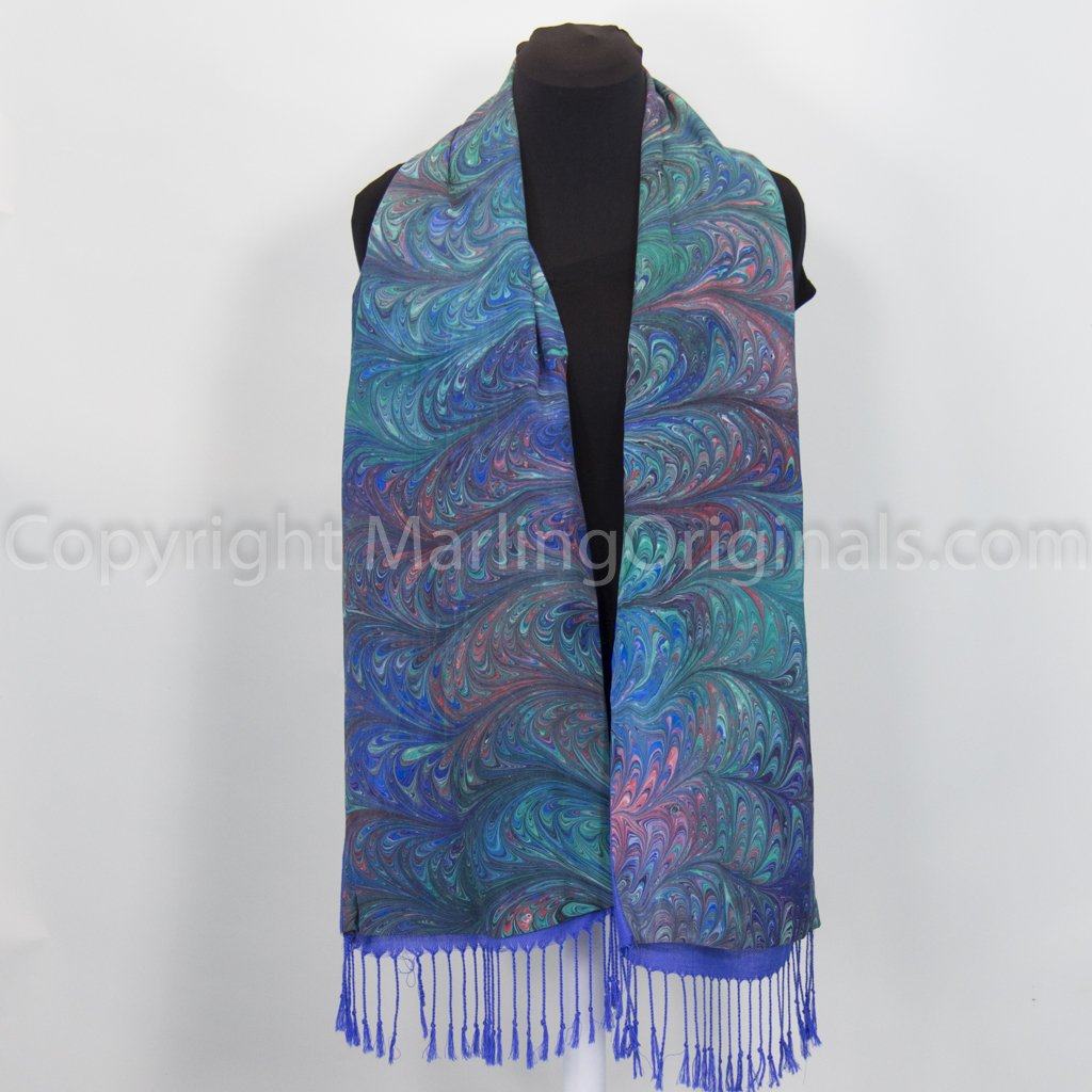 marbled silk coat scarf in green, blue, purrple, red toneswith blue acrylic fringed lining