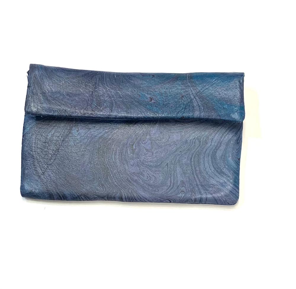 marbled leather clutch in blue