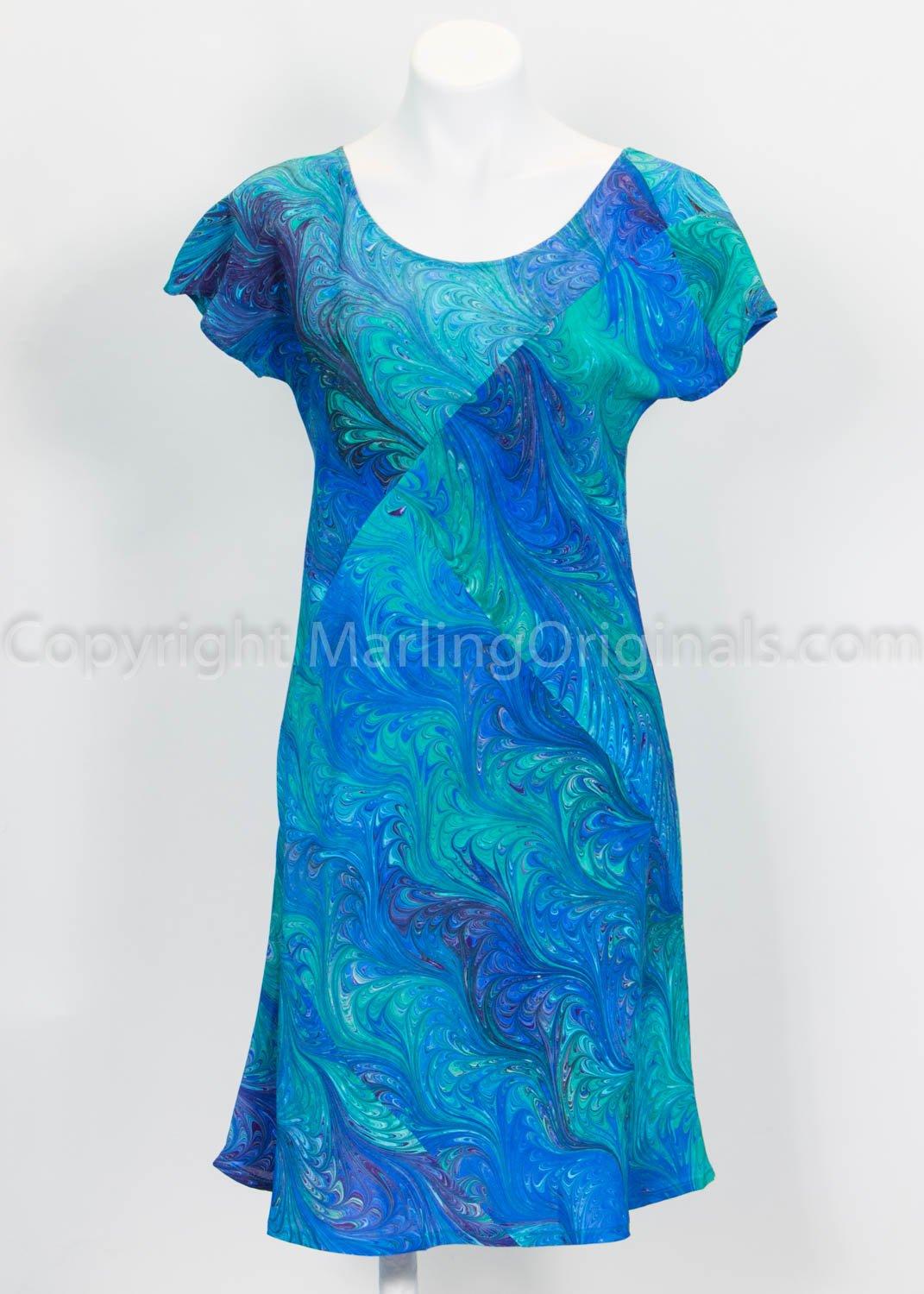 marbled silk bias cut dress in rich blues, teal and greens