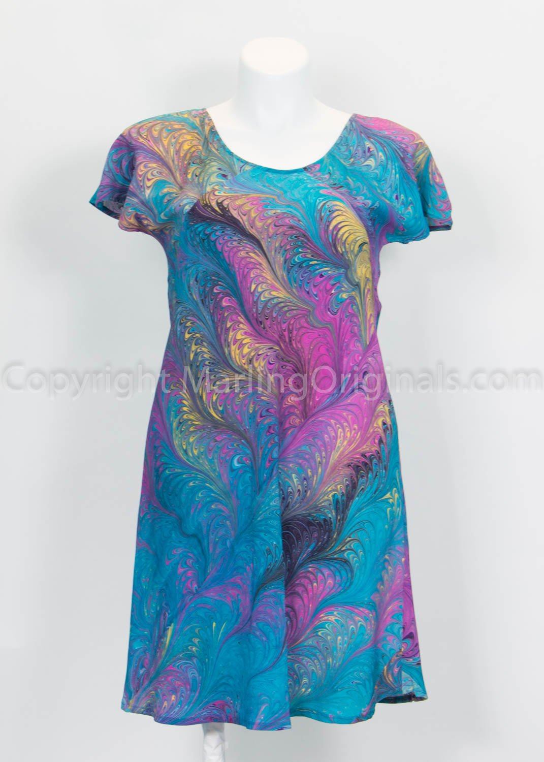 bias cut dress hand marbled in teal, magenta, purple, gold