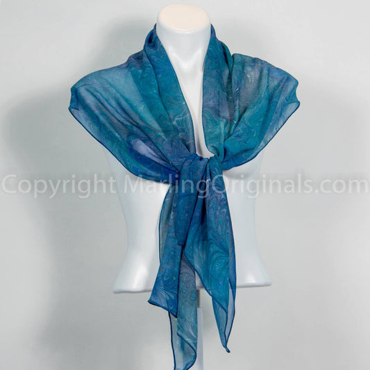 marbled silk scarf in double marbledd rich blues.  Large scarf perfect for evening.