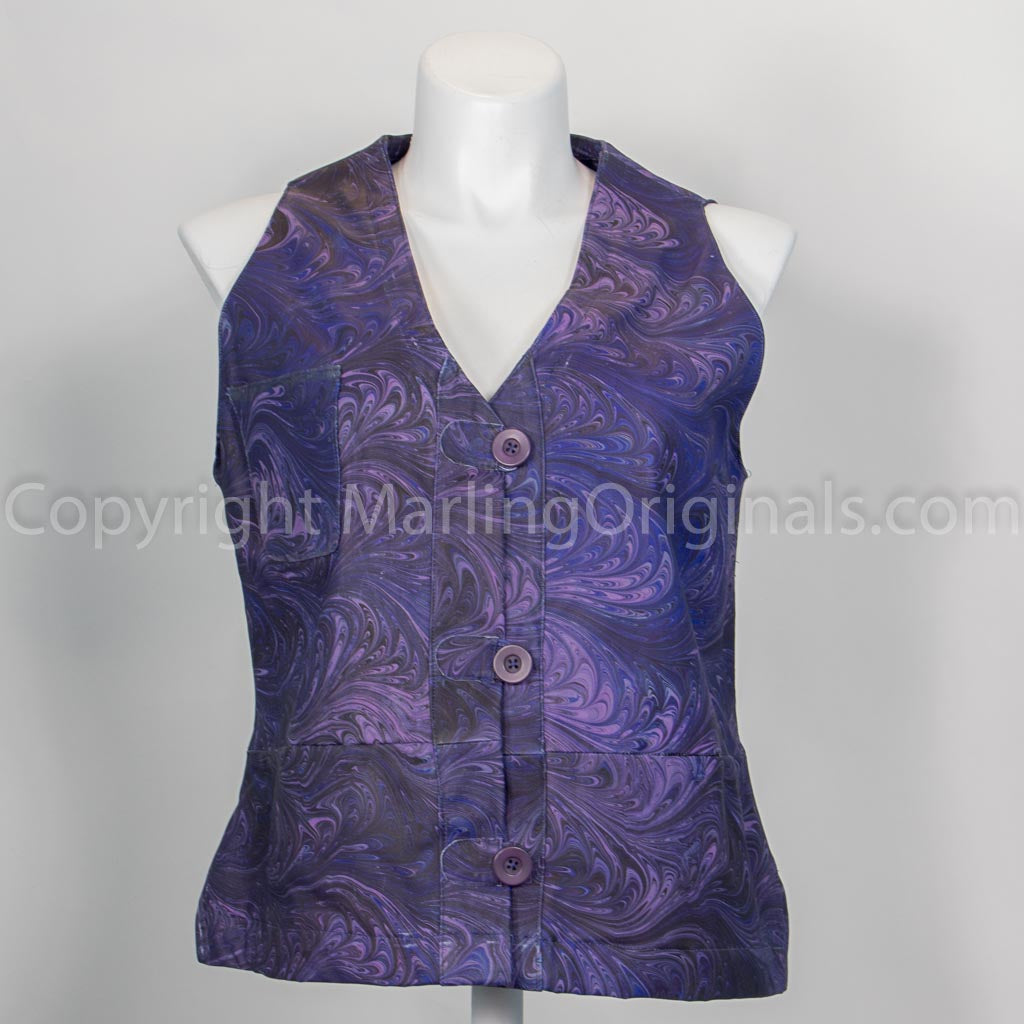 marbled leather vest in navy, lavender and blue