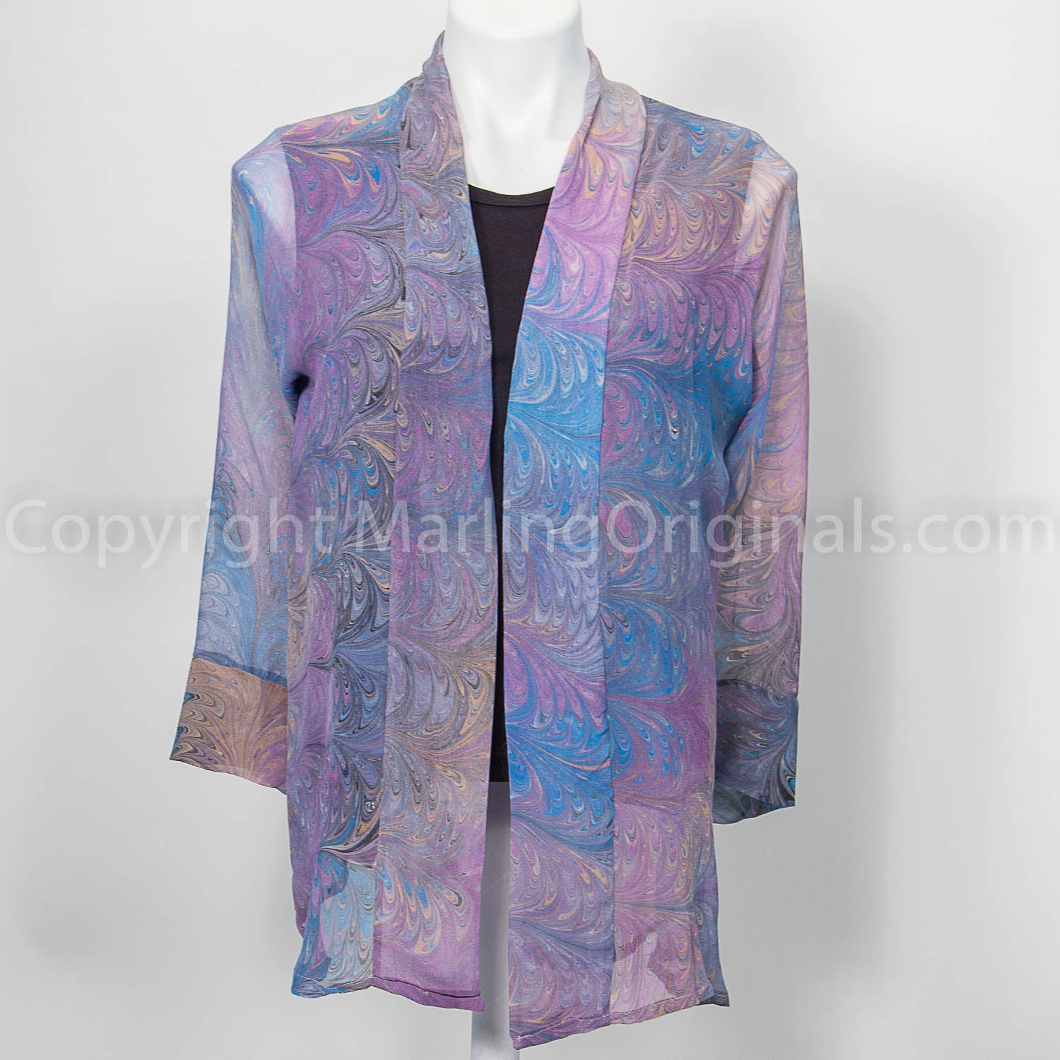 hand marbled sheer chiffon jacket, feathered pattern in lavender, soft blue and peach