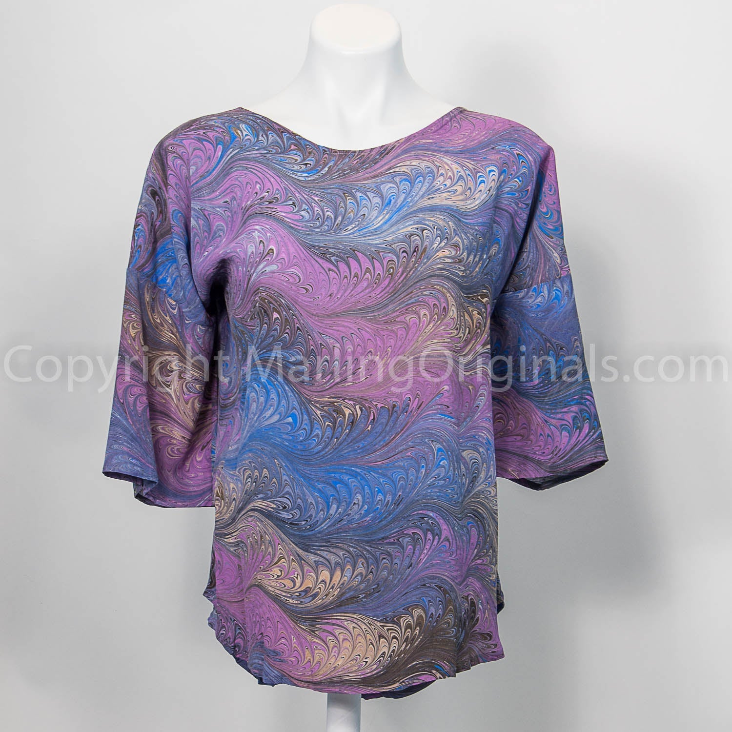 silk top marbled in a feathered pattern with rich lavender, soft blue, peach and gray colors