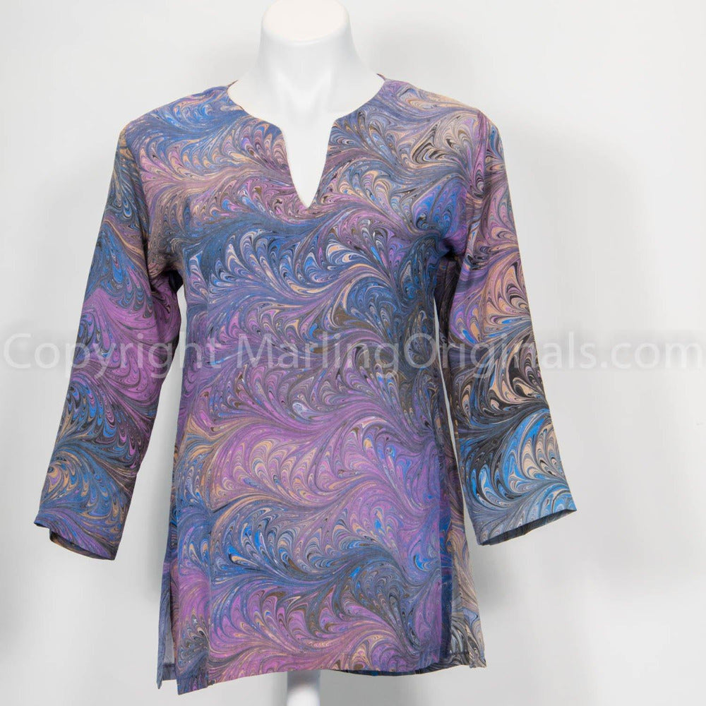 marbled silk tunic in blue, lavender, gray, peach