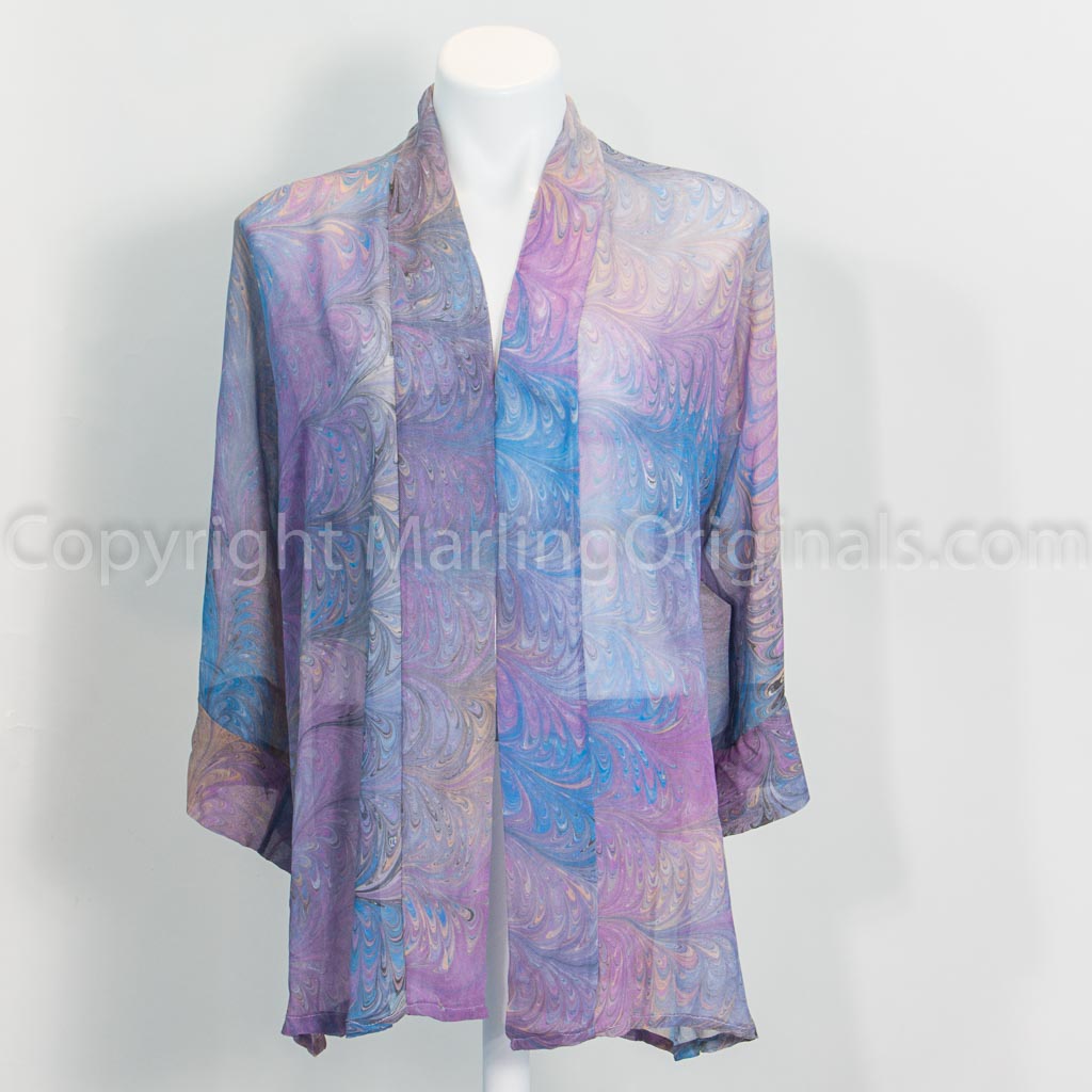 sheer chiffon jacket marbled in orchid, soft blue and peach colors