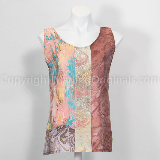 hand marbled silk tank top with round neck.  Collage design in tones of peach and rust.