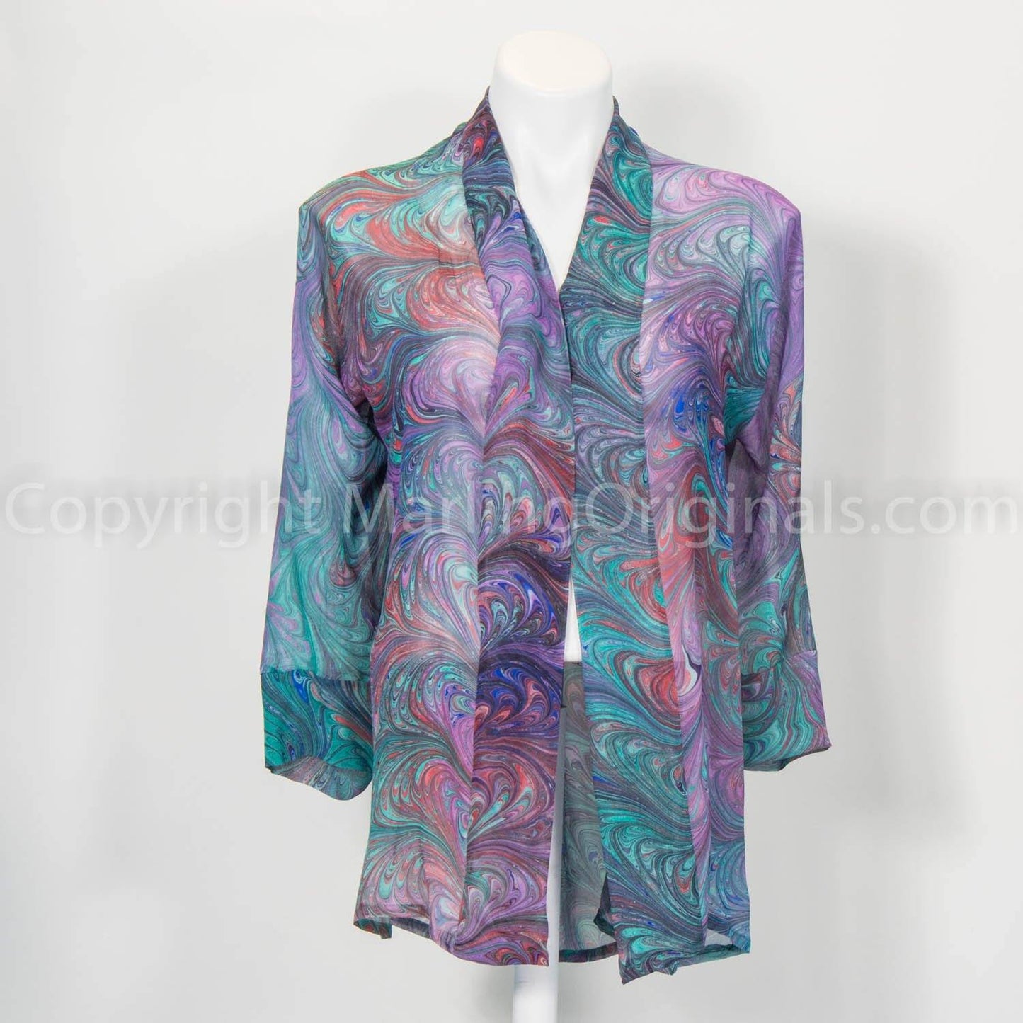 Hand marbled colorful silk kimono in violet, green, blue, red.  Sheer jacket is one size.