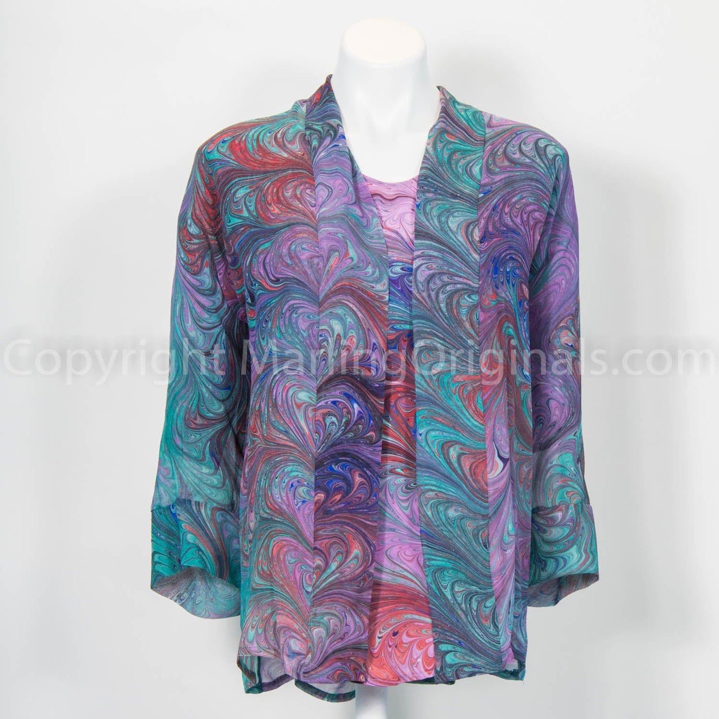 Marbled sheer kimono shown with matching silk top.  Marbled in violet, green, blue, red.  