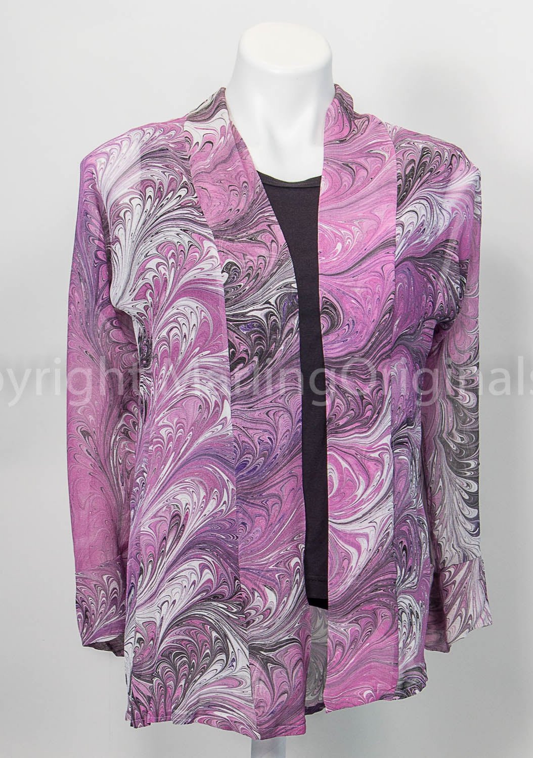 kimono silk jacket marbled in bright pink, black and white.  3/4 sleeves with front band.