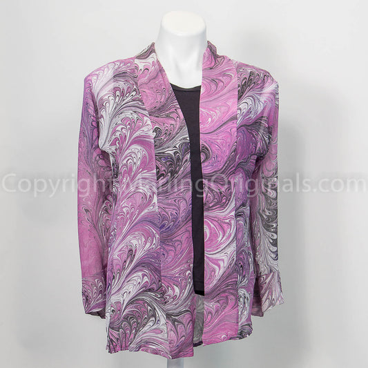 kimono silk jacket marbled in bright pink, black and white.  3/4 sleeves with front band.