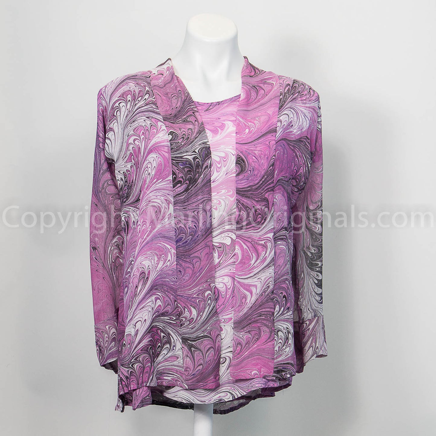 hand painted silk jacket with matching short sleeve silk top in pink, black and white