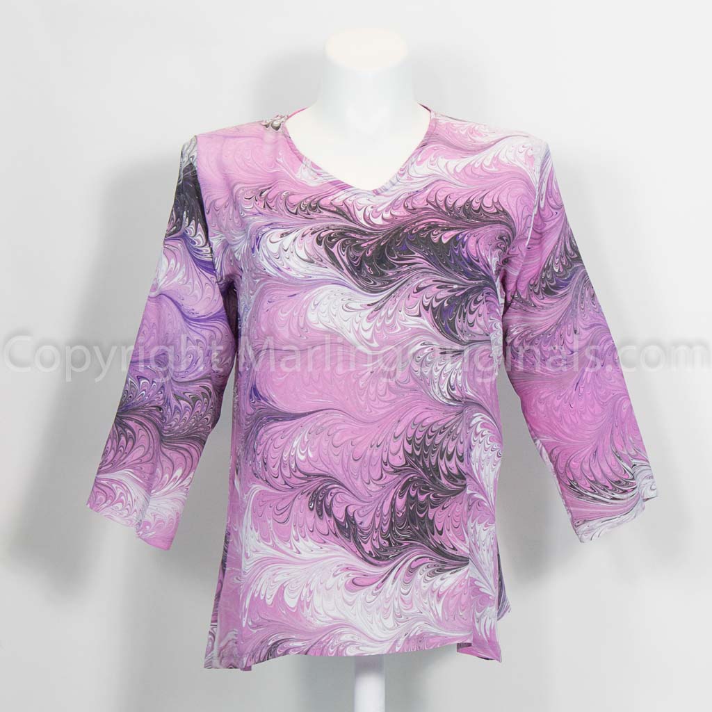 Hand marbled silk tunic in soft pink with white and black. V neck with 3/4 sleeves