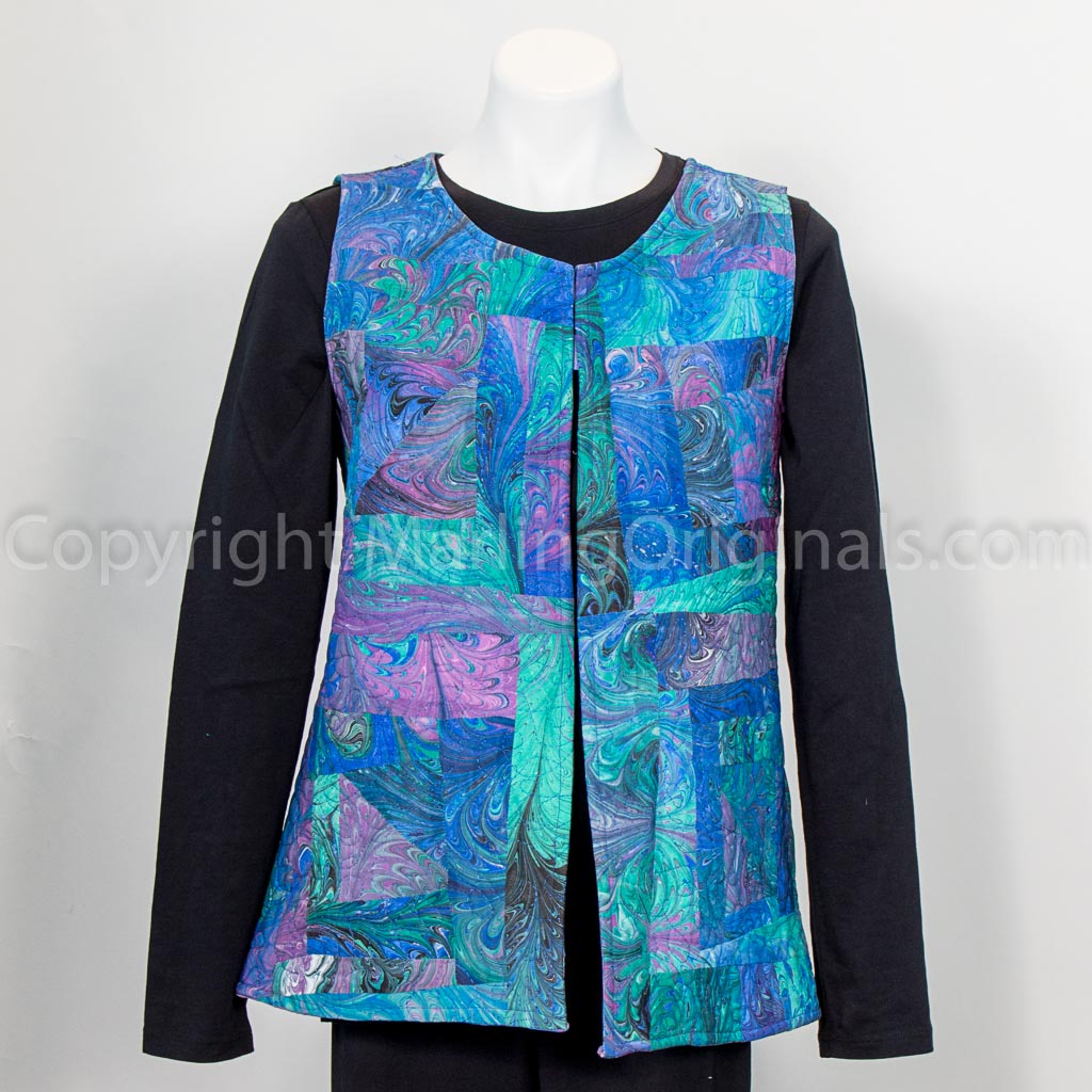 quilted silk vest  in blue, green and violet