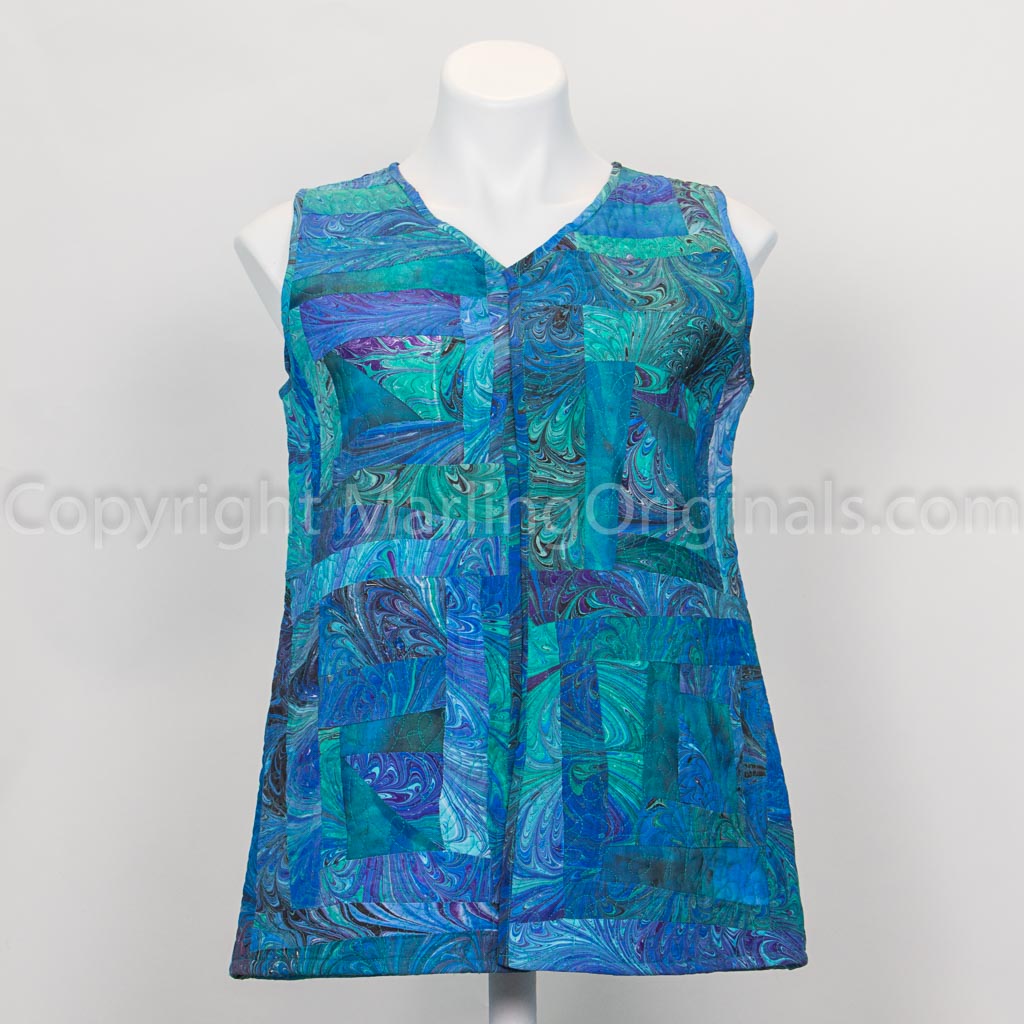 silk quilted vest in blues and greens