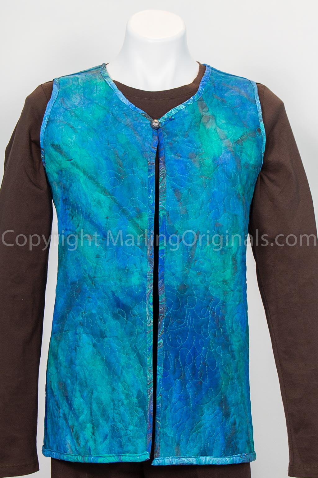 handpainted silk quilted vest in blues and greens