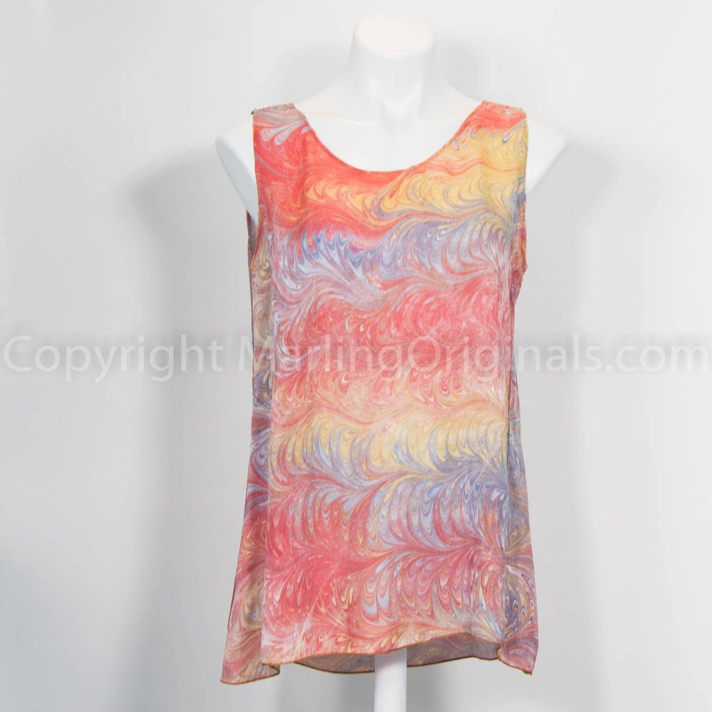 satin marbled silk tank in coral with gold and accents of blue grey