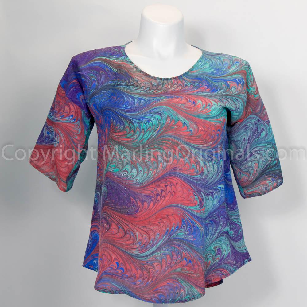 hand marbled print silk top with red, purple, blue and green.  Half sleeve.