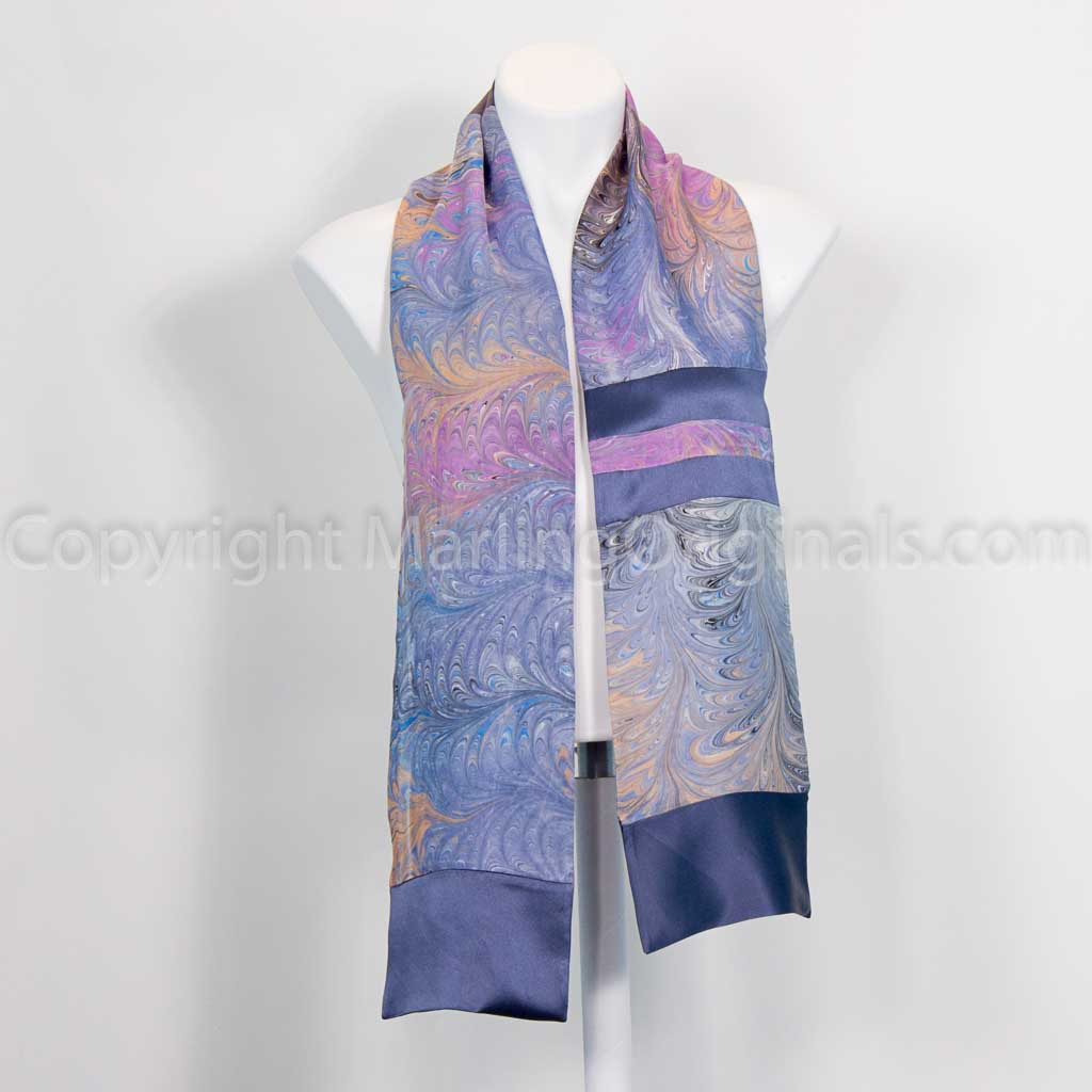 orchid and gray marbled silk satin scarf with piecing detail