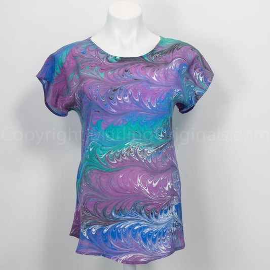 short sleeve spring top hand marbled in gorgeous jewel tone colors