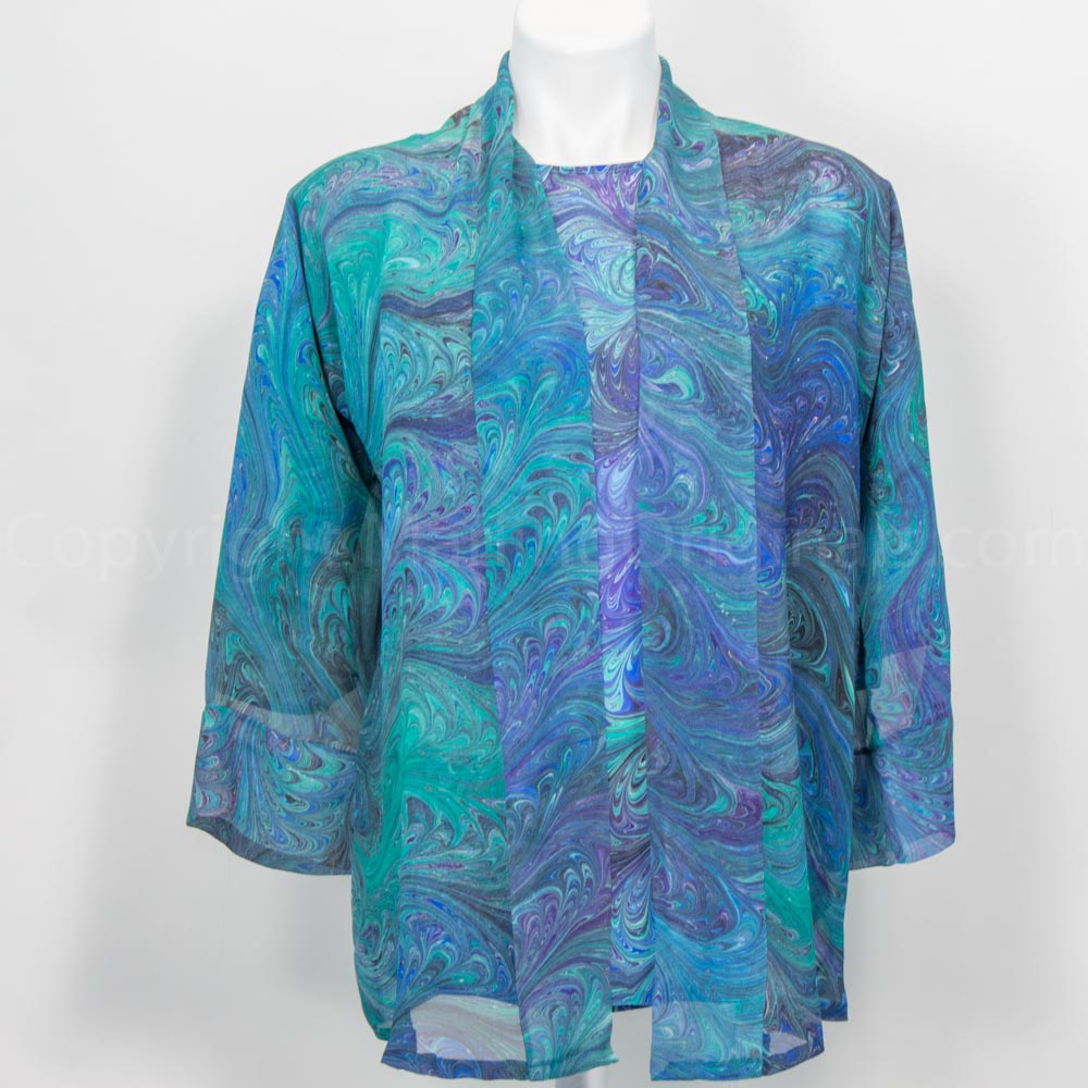 sheer blue kimono in beautiful blues, purple and teal marbled pattern.  Shown with matching silk top